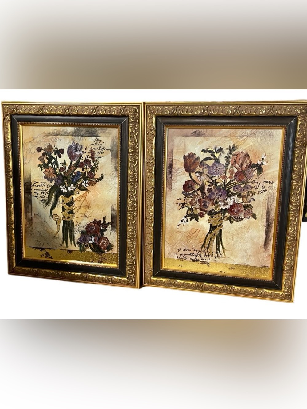 Set of 2 Jennifer Hollack Sonet Foil Mixed
Media Floral Bouquet Paintings
